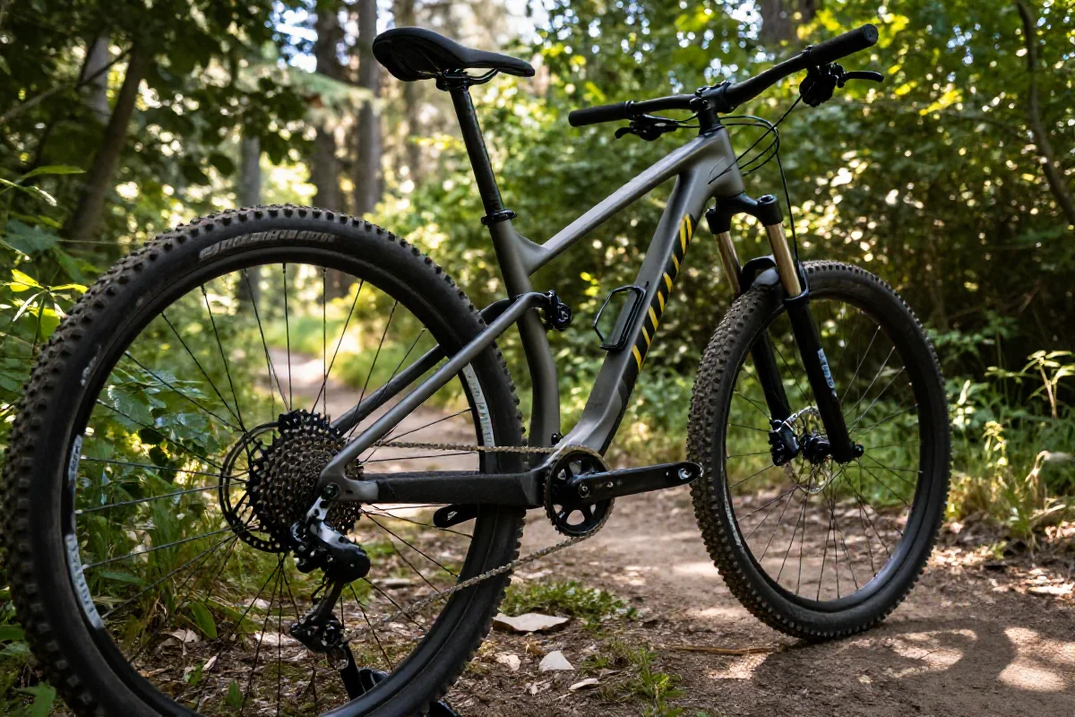 Szczegółowy widok roweru górskiego na szlaku w lesie.