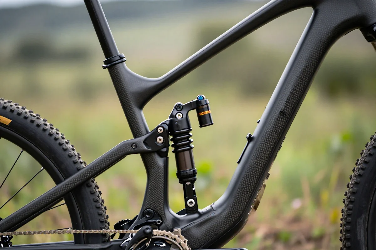 Szczegółowy widok ramy roweru górskiego z zaawansowanymi komponentami.