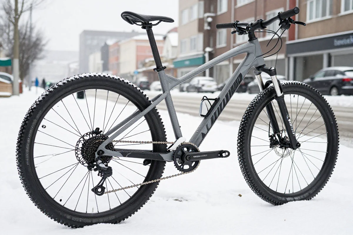 Rower górski z oponami zimowymi w miejskim otoczeniu w zimie