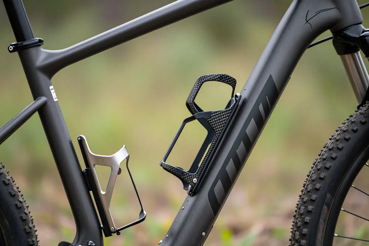 Uchwyty na bidon zamontowane na rowerze górskim w naturalnym otoczeniu.