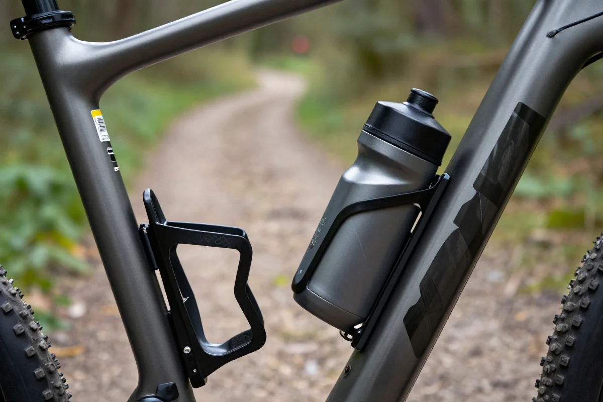 Uchwyt na bidon na ramie roweru górskiego, idealny do jazdy w terenie.