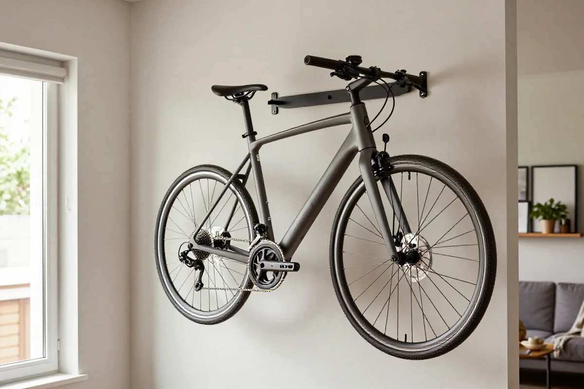 Uchwyt ścienny na rower elektryczny w małym mieszkaniu, oszczędność przestrzeni.
