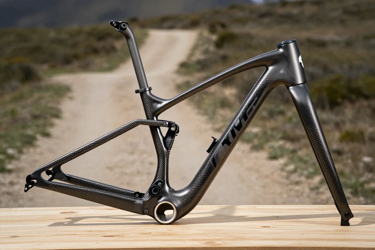 Szczegółowy widok na ramę roweru górskiego z włókna węglowego.