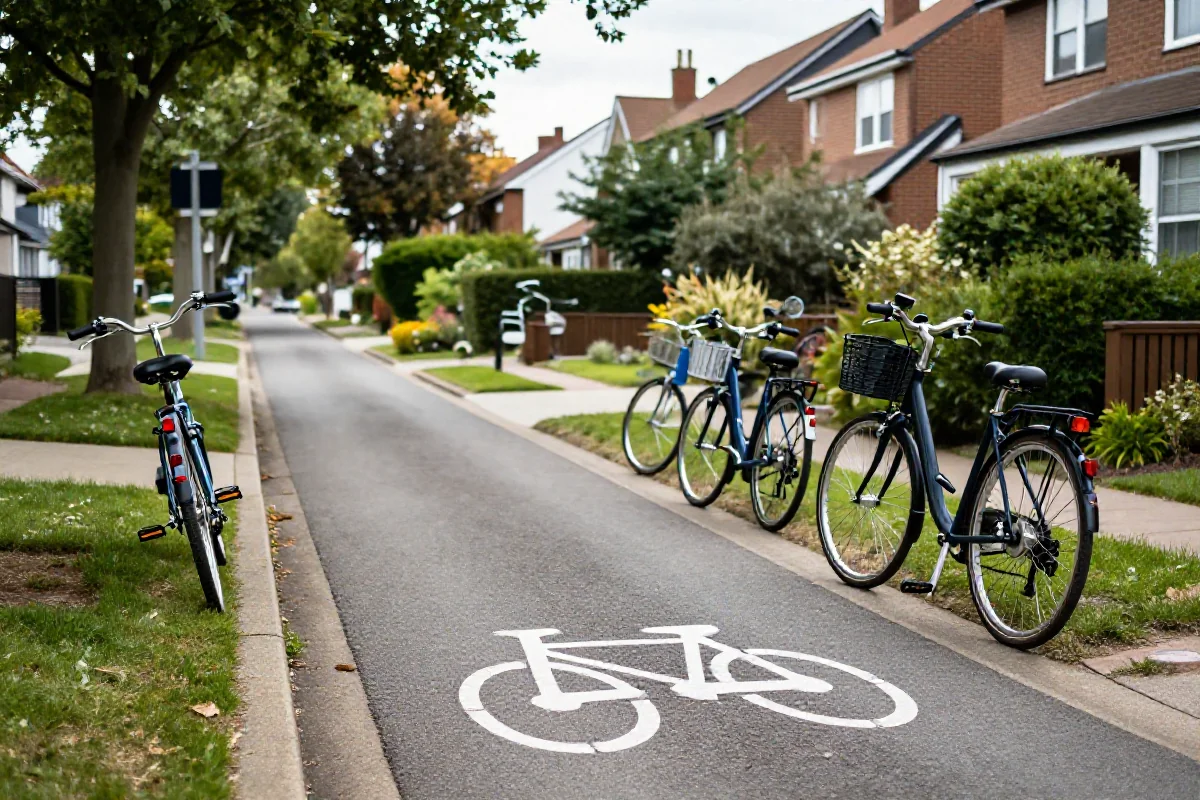Cicha ulica osiedlowa z rowerami, idealna do codziennych dojazdów.