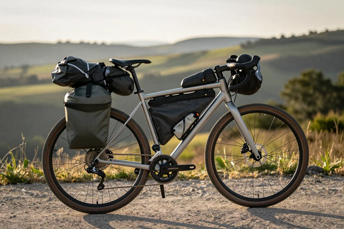 Rower turystyczny z lekkim wyposażeniem do samowystarczalnej wyprawy rowerowej.