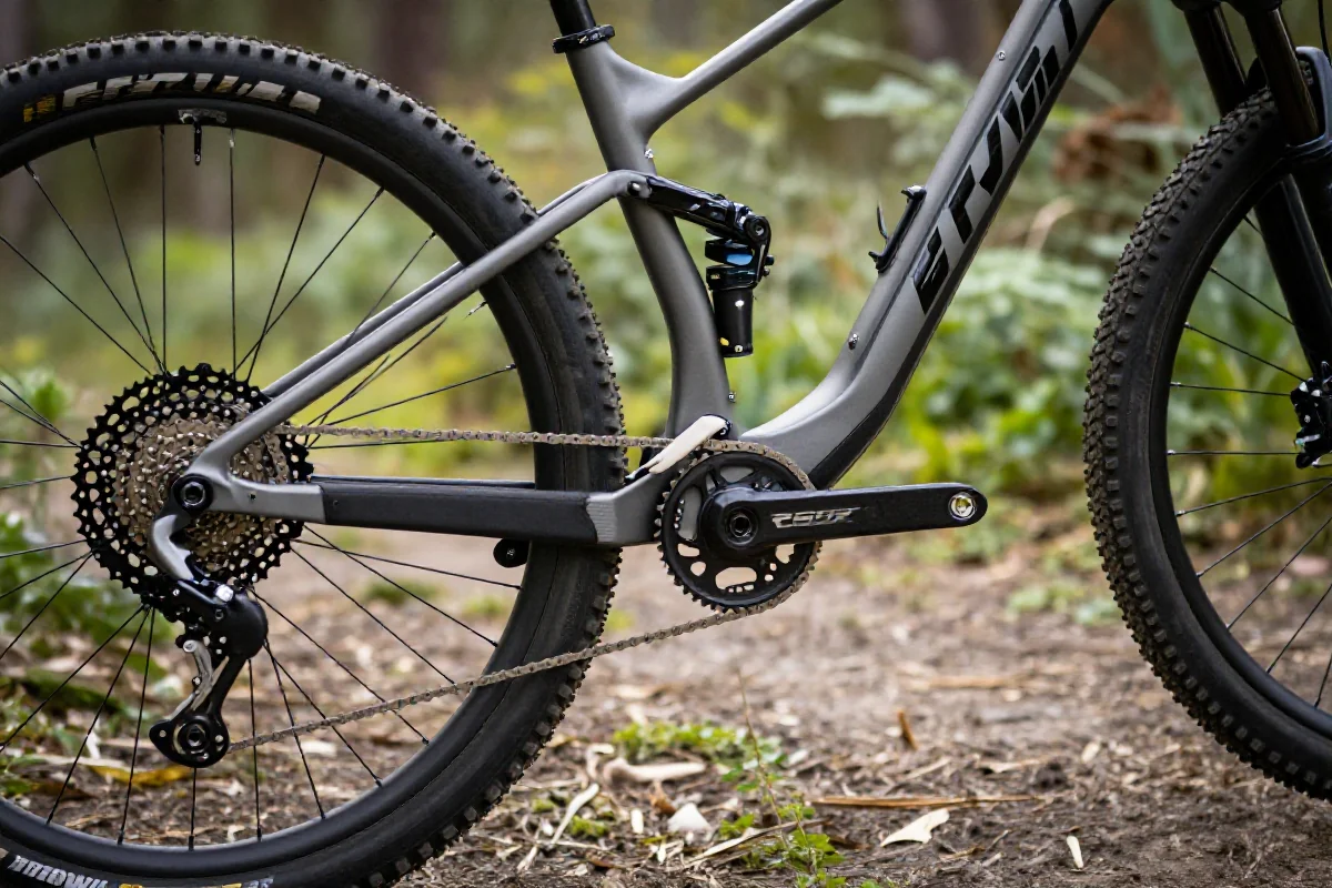 Nowoczesny rower górski z zaawansowanymi komponentami na leśnej trasie.