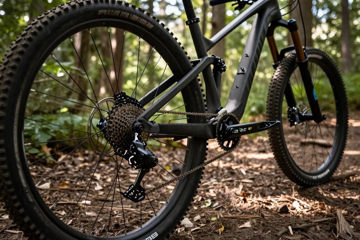 Bliska fotografia roweru górskiego na szlaku, ukazująca jego techniczne elementy.
