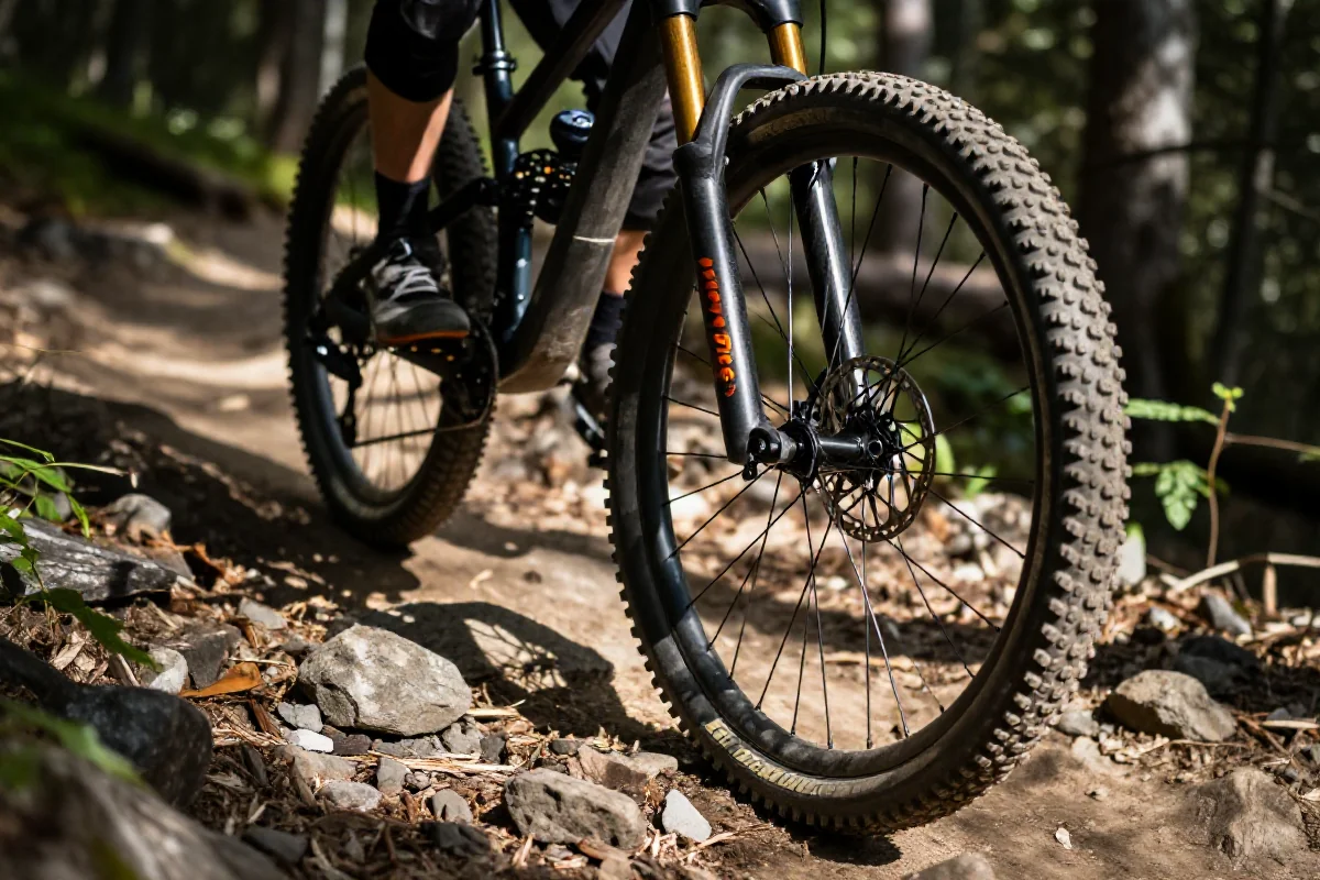 Szczegóły opony roweru górskiego na skalistej trasie MTB