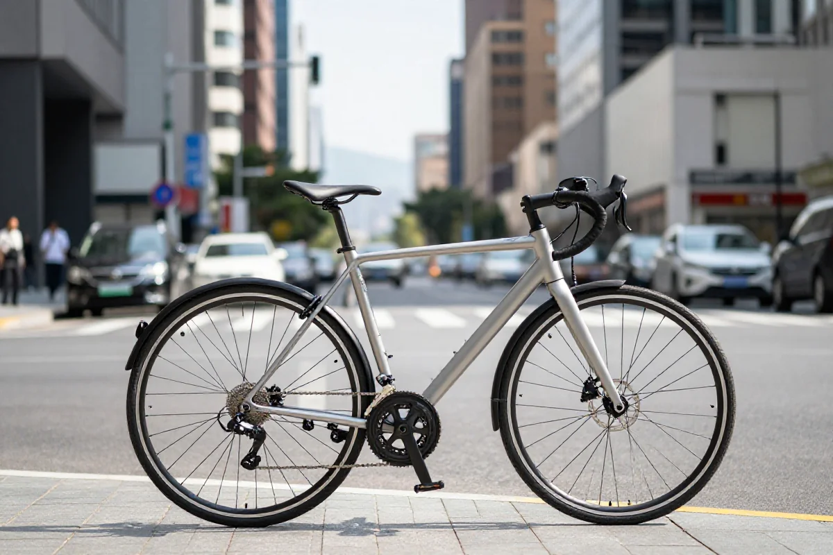 Nowoczesny rower miejski na zatłoczonej ulicy w mieście.