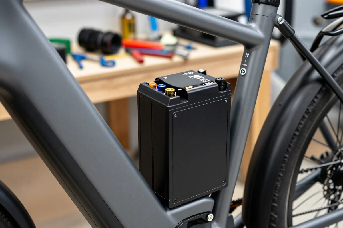 Bateria do roweru elektrycznego w warsztacie, szczegóły techniczne i certyfikaty bezpieczeństwa.