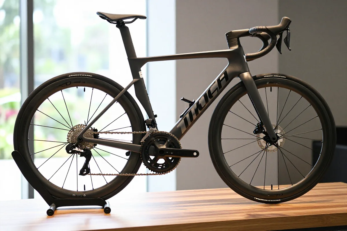 Wysokiej klasy rower szosowy z ramą karbonową i zaawansowanymi komponentami.