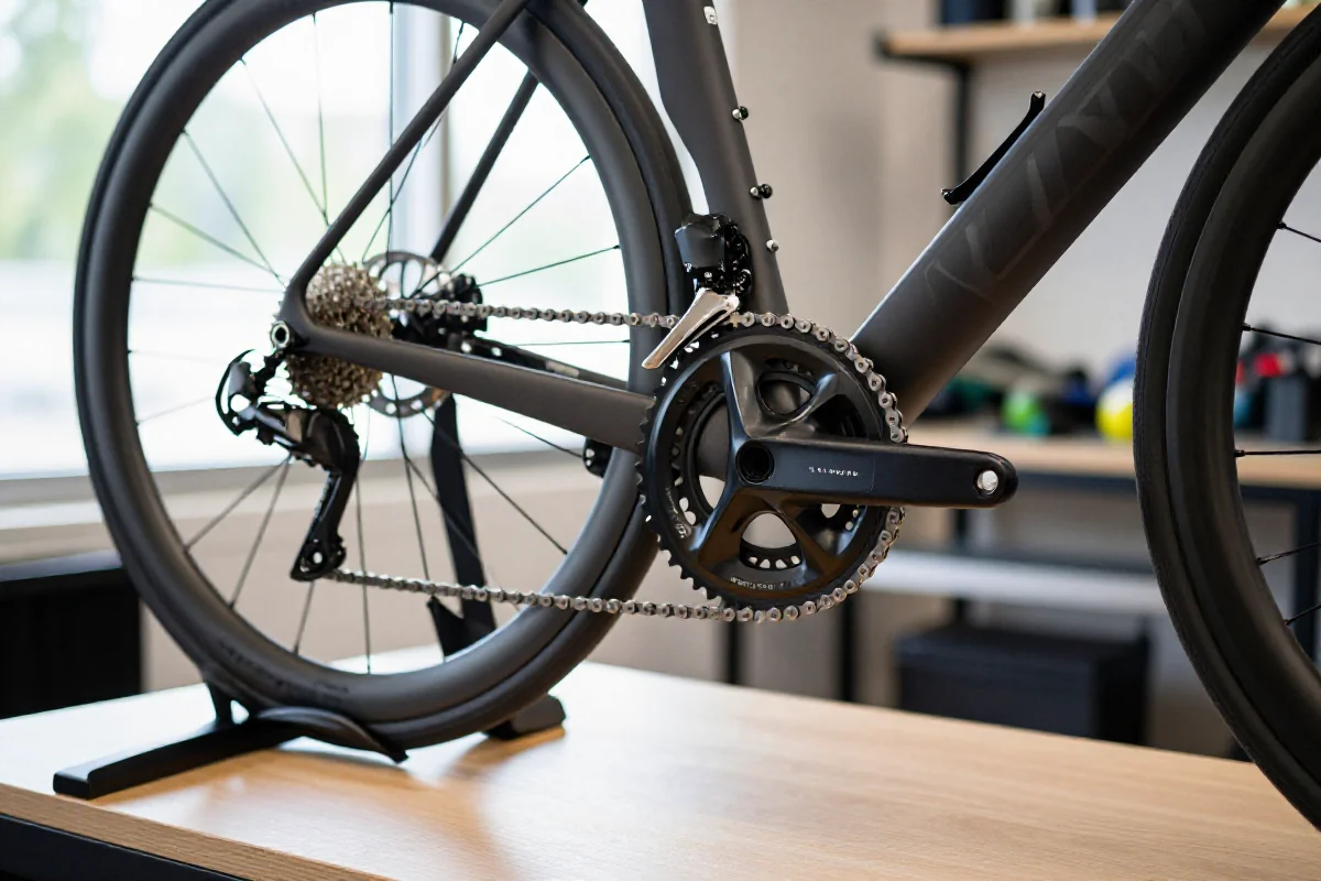 Szczegółowy widok nowoczesnego roweru szosowego i jego komponentów.