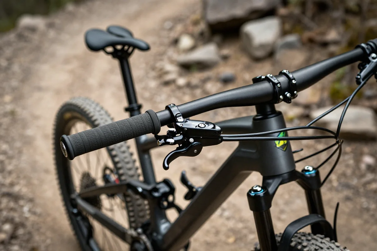 Zbliżenie na chwyt i hamulce w rowerze górskim na szlaku