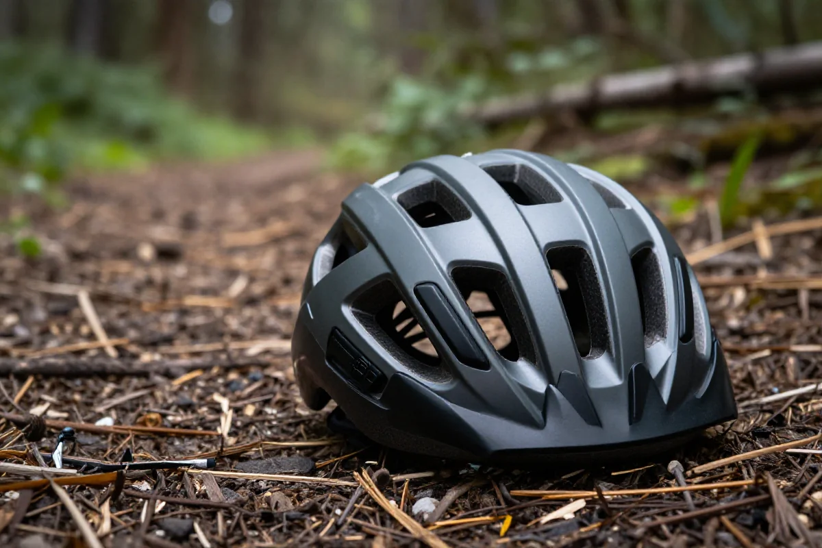 Kask rowerowy MTB na leśnej ścieżce, ważny element bezpieczeństwa podczas jazdy.