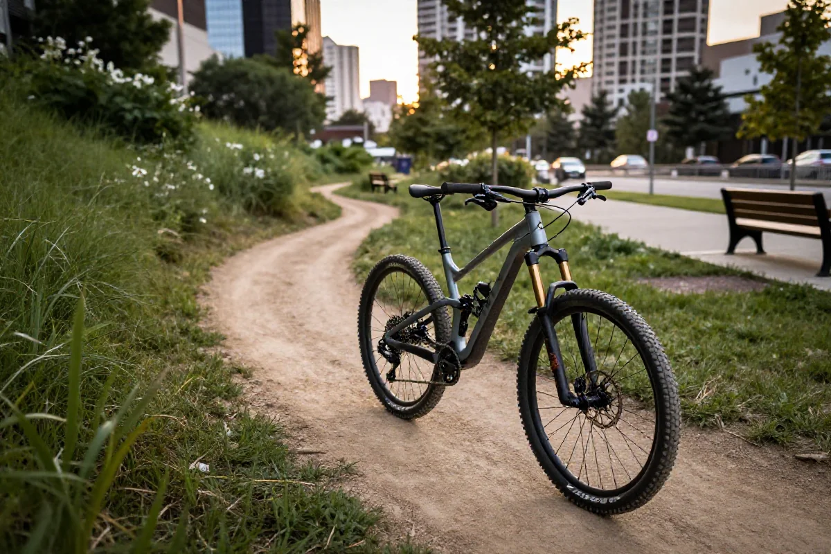 Miejski szlak MTB w parku z rowerem górskim na tle zieleni