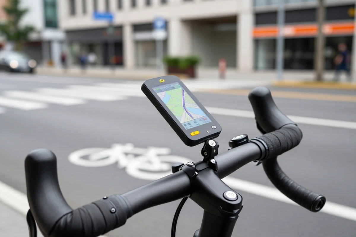 Nowoczesny komputer rowerowy na kierownicy w miejskiej scenerii