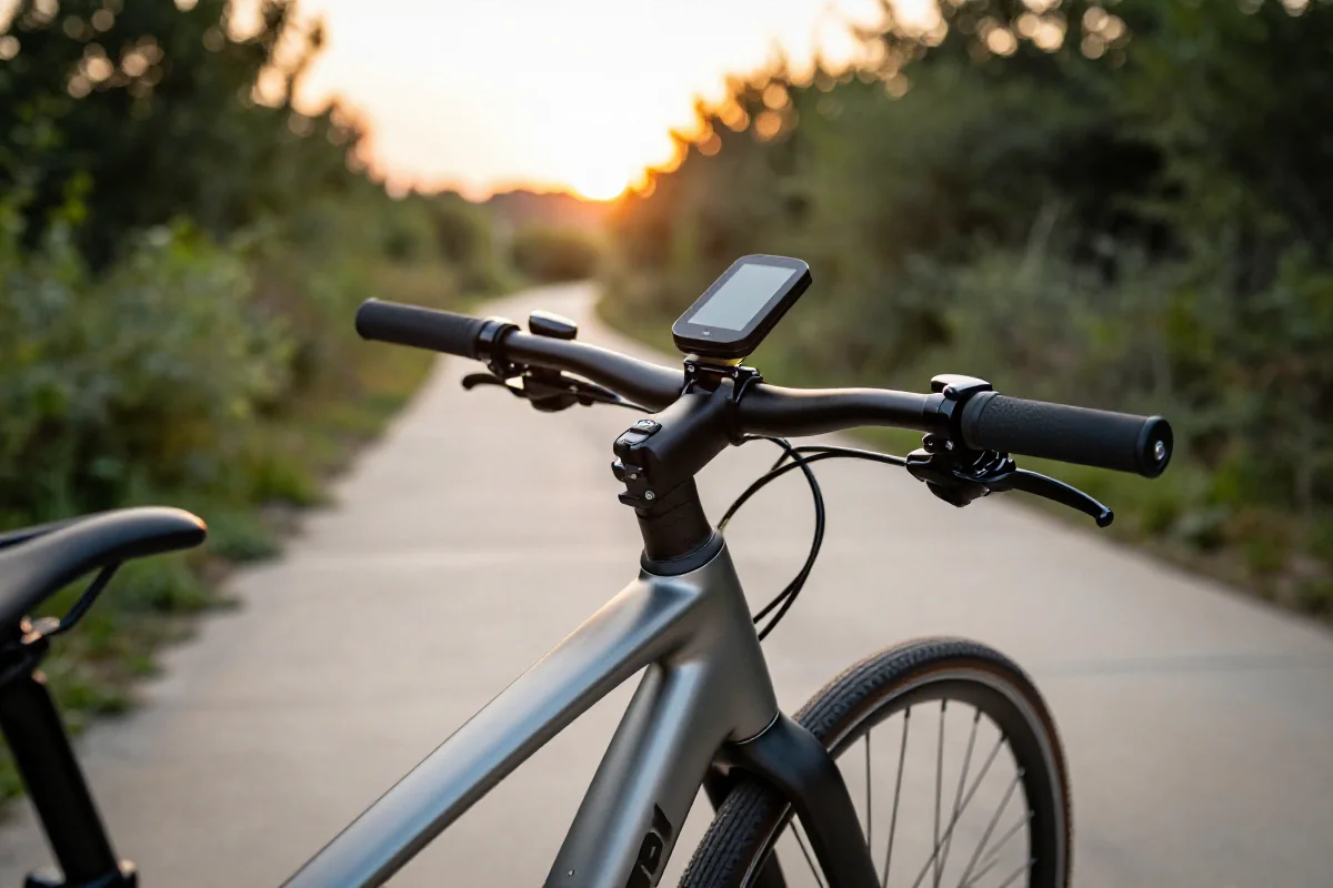 Nowoczesny licznik rowerowy na kierownicy elektrycznego roweru w plenerze.