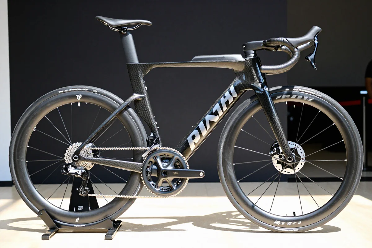 Wyścigowy rower szosowy z lekką ramą karbonową i ultralekkimi kołami.