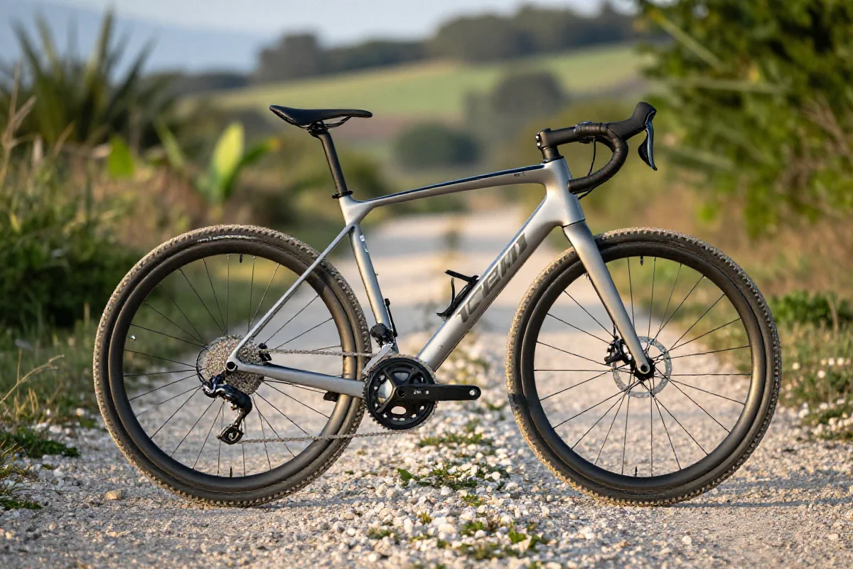 Rower all-road na ścieżce żwirowej, idealny do jazdy w różnych warunkach.