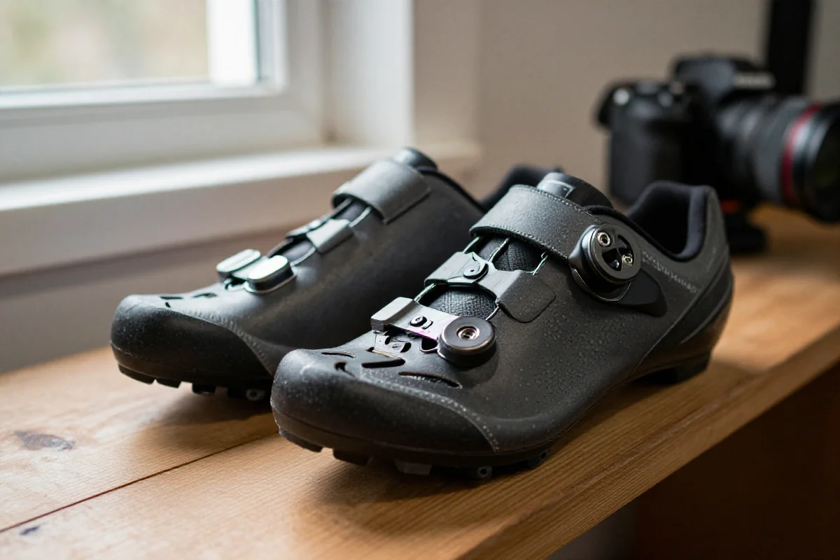 Zbliżenie na cleats w butach MTB w warsztacie rowerowym