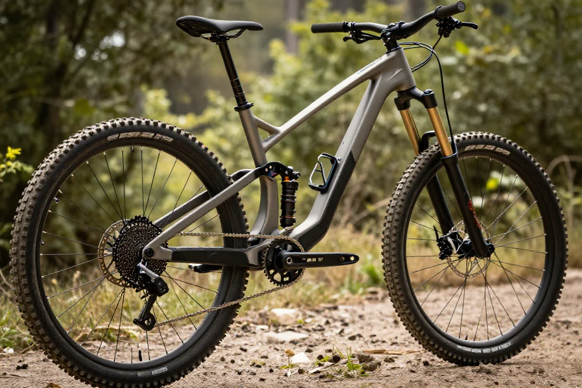 Nowoczesny rower enduro z zawieszeniem, kołami 29 cali i regulowaną sztycą.