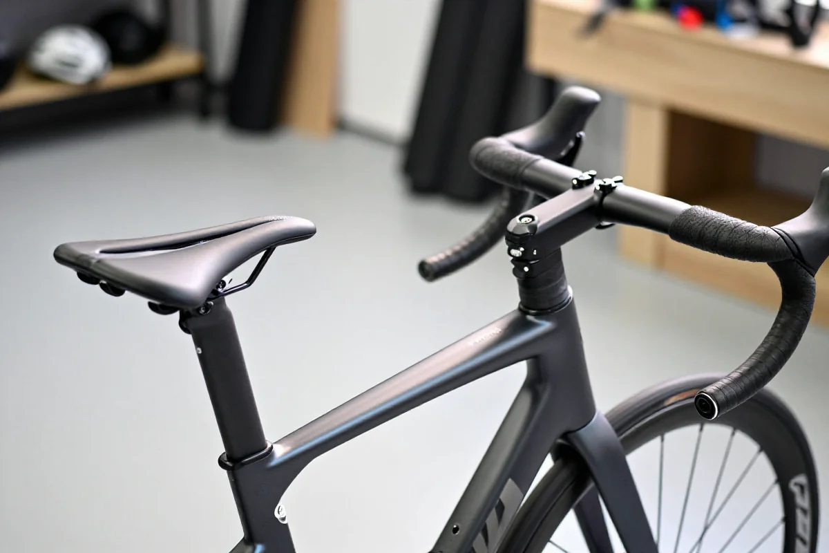 Saddle and handlebars roweru, ukazujące ergonomiczne ustawienia dla komfortu jazdy.