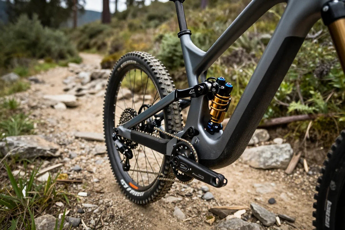 Amortyzator roweru enduro na skalistej trasie, z ustawieniami SAG.