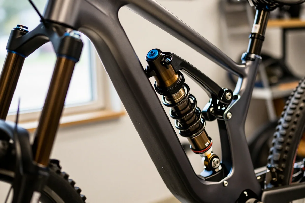 SAG w zawieszeniu MTB w warsztacie, szczegóły amortyzatorów i regulacji.