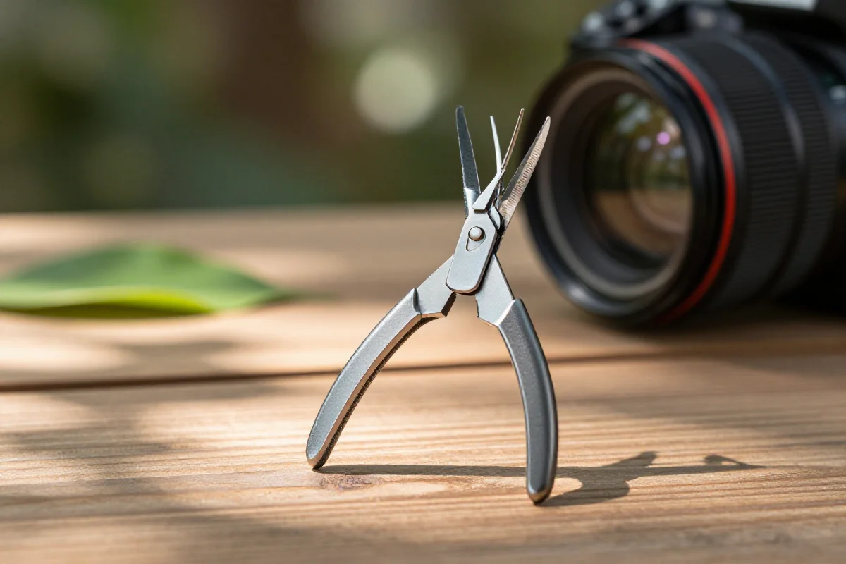 Narzędzie do usuwania kleszczy na drewnianym stole w plenerze.