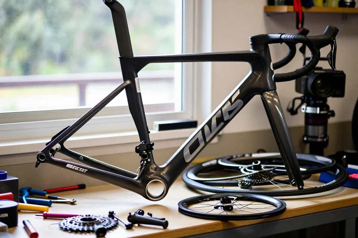 Szczegóły roweru szosowego w warsztacie, idealne do utrzymania formy.