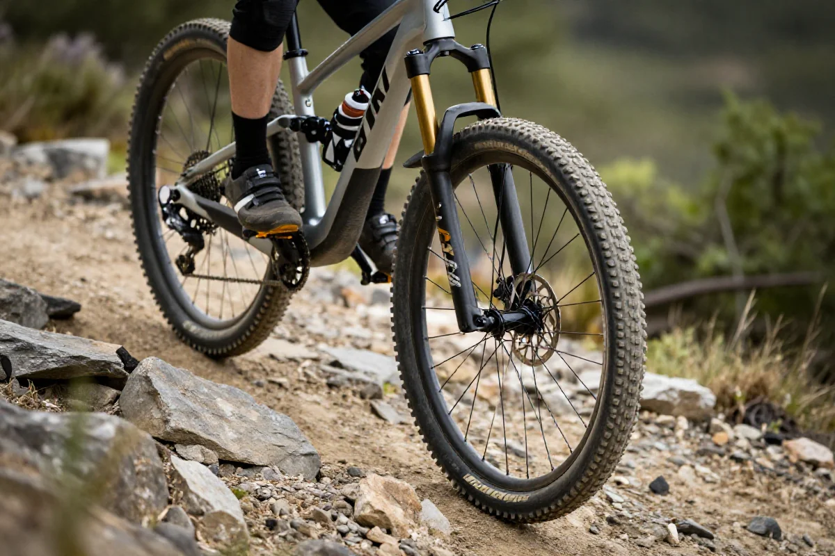 Rower górski na stromej nawierzchni, obrazujący technikę wspinania na stojąco.