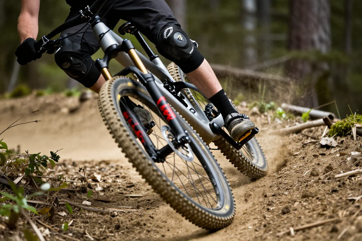 Rower górski pokonujący zakręt na ścieżce, technika patrzenia w zakrętach.