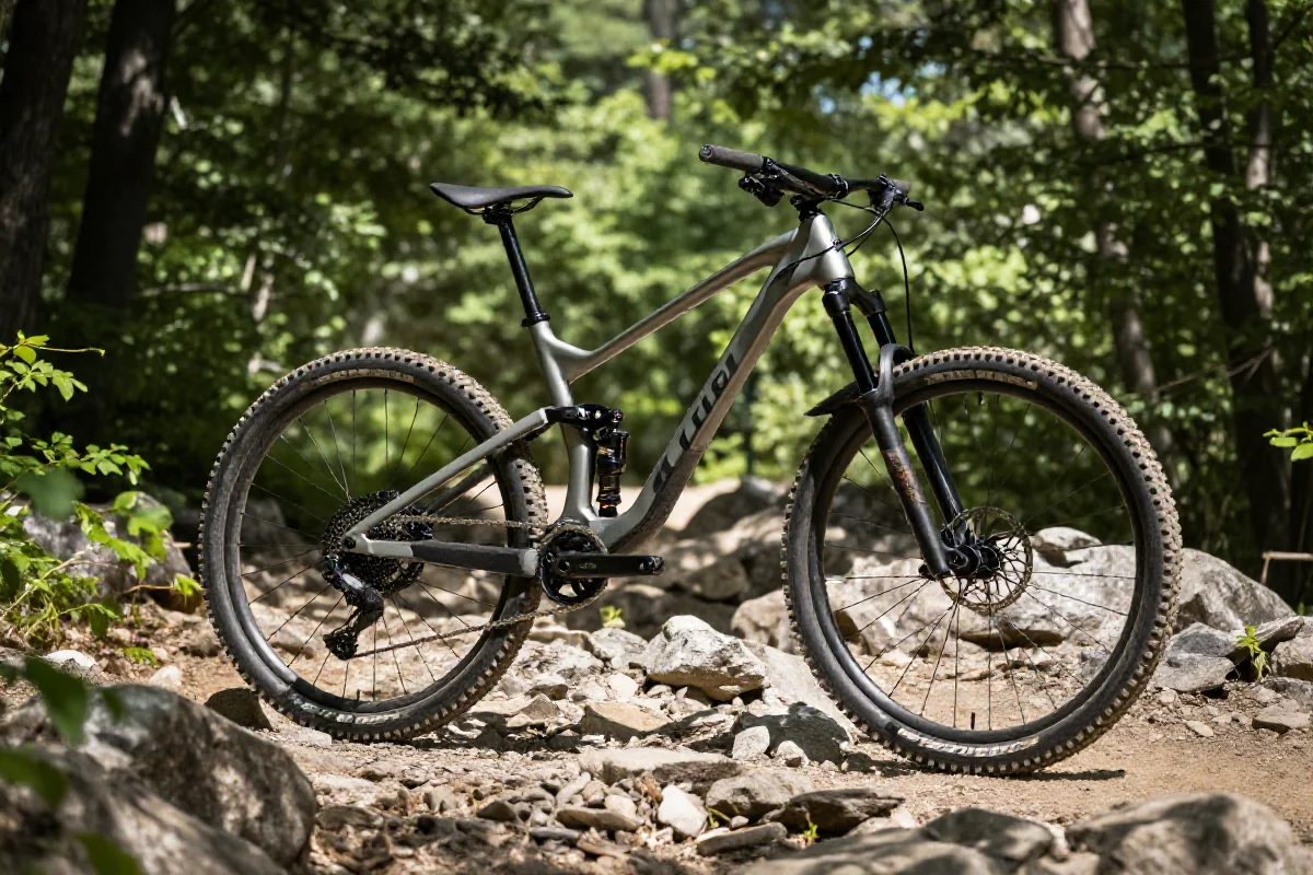 Rower górski na skalistej trasie, podkreślający detale techniczne i komponenty.