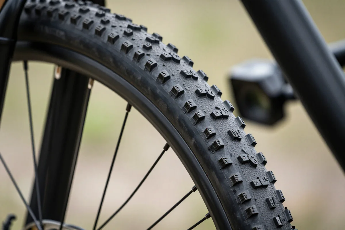 Szeroki opon górski z widoczną objętością i profilowaniem.