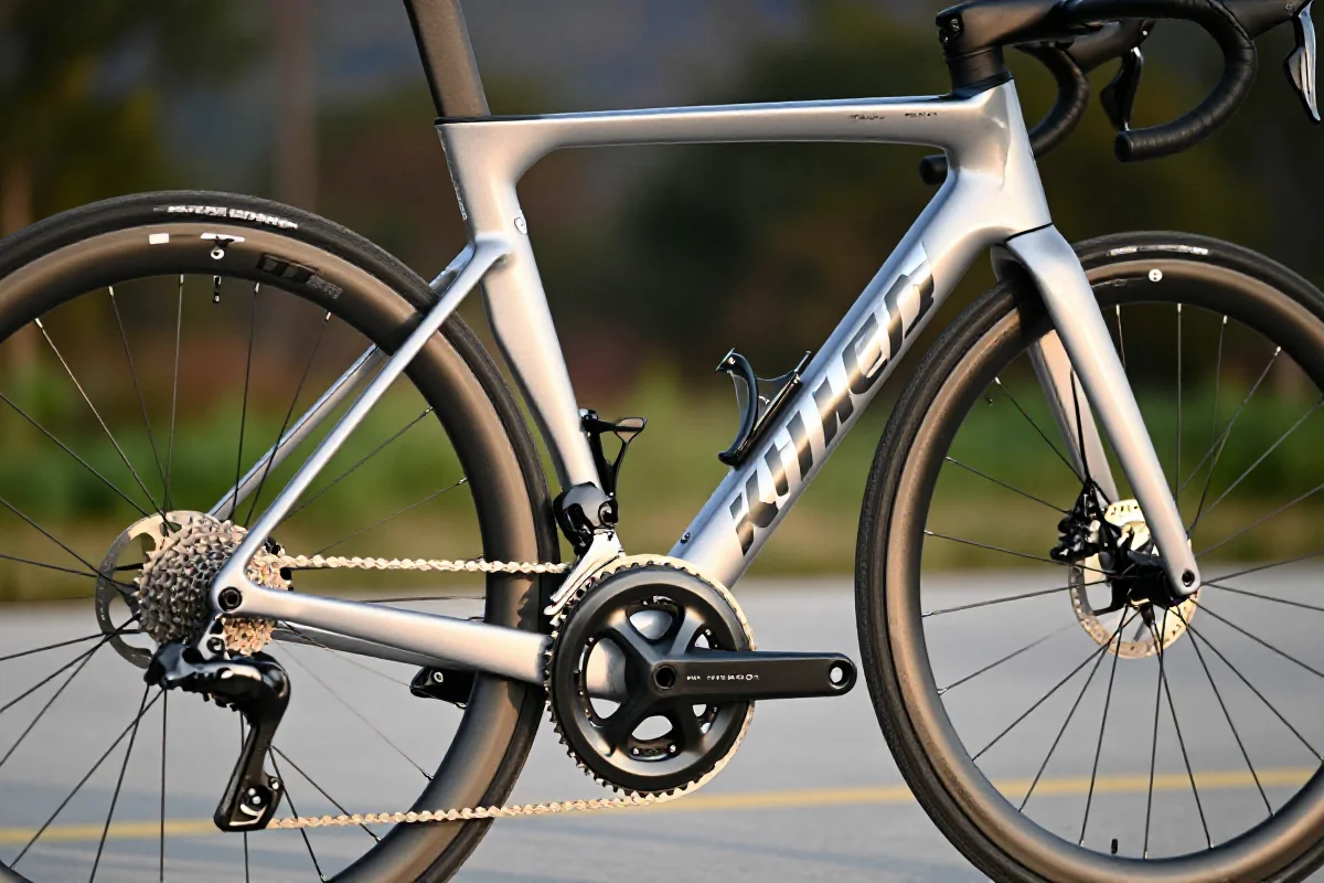 Szczegółowy widok ramy roweru szosowego z zaawansowanymi komponentami.