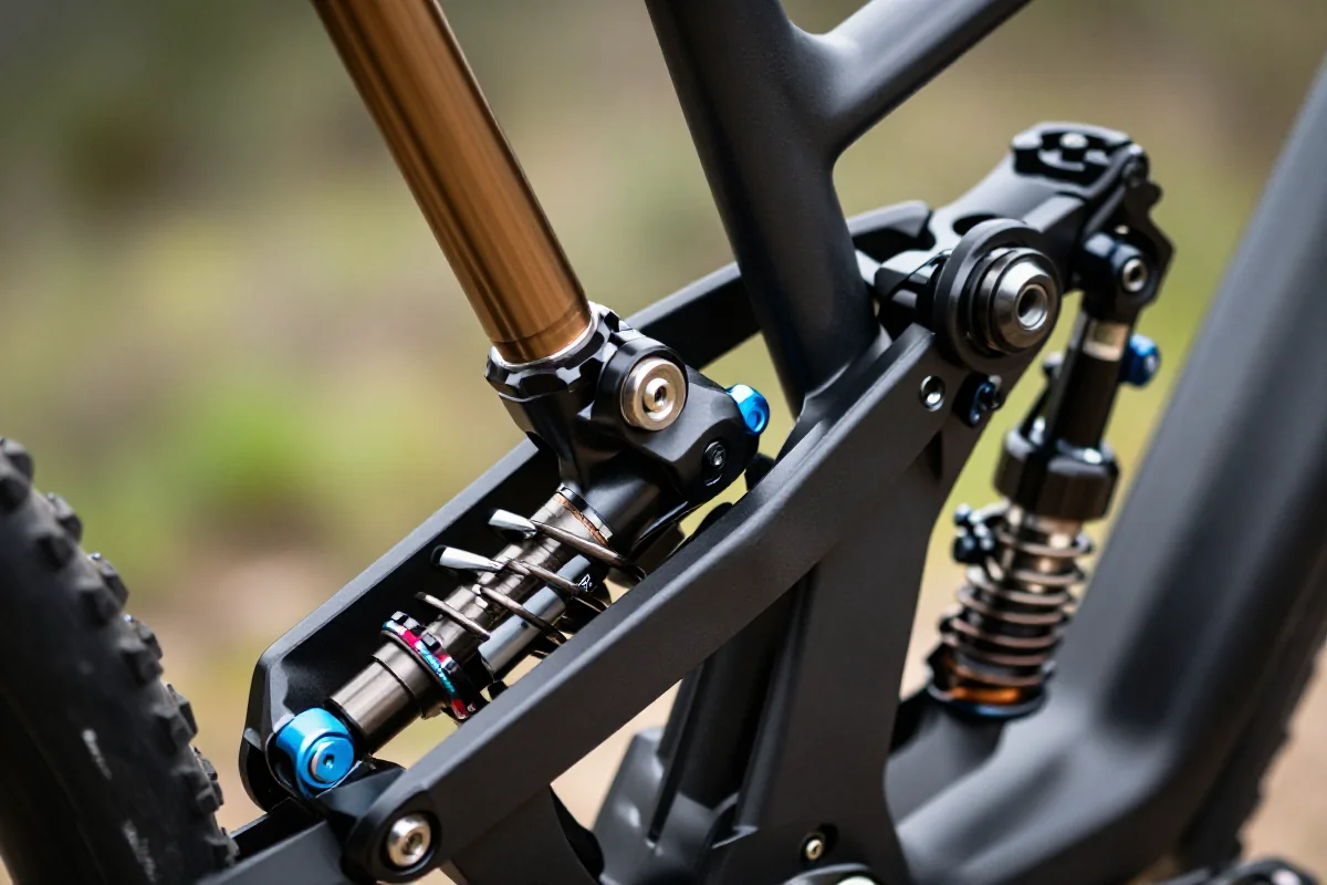 Zbliżenie na system zawieszenia VPP roweru górskiego, ukazujące mechanikę i detale konstrukcyjne.