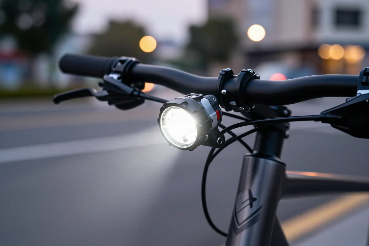 Lampka rowerowa 500 lumenów na kierownicy e-bike w miejskim otoczeniu.
