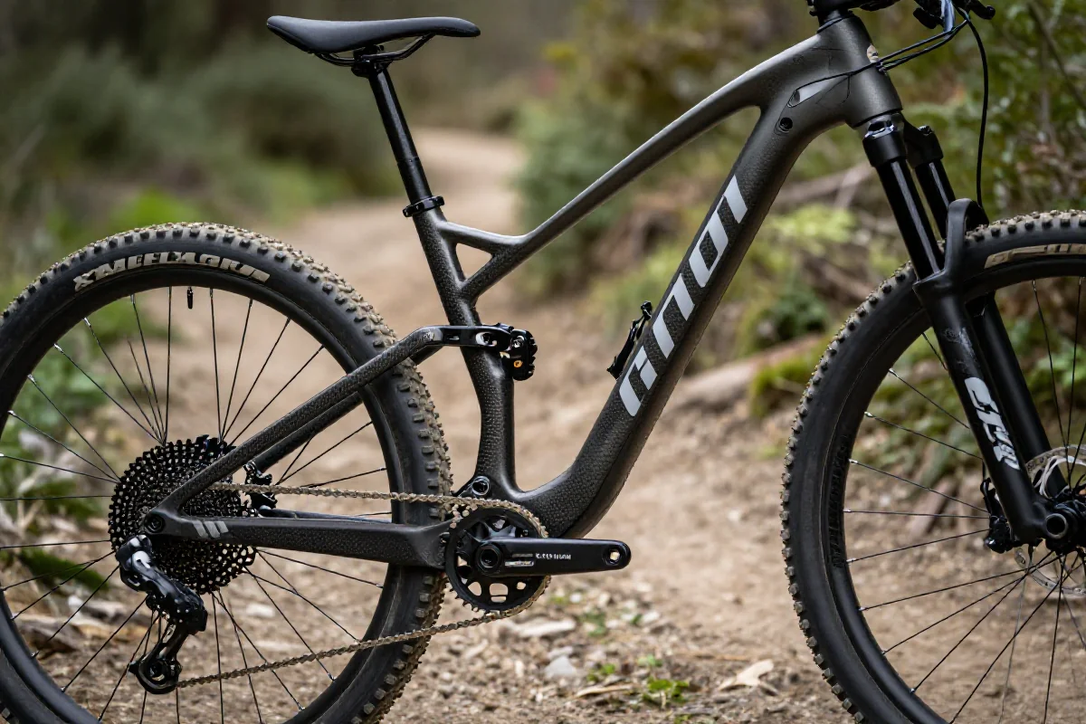 Lekki rower górski hardtail z włókna węglowego na szlaku, techniczne szczegóły.