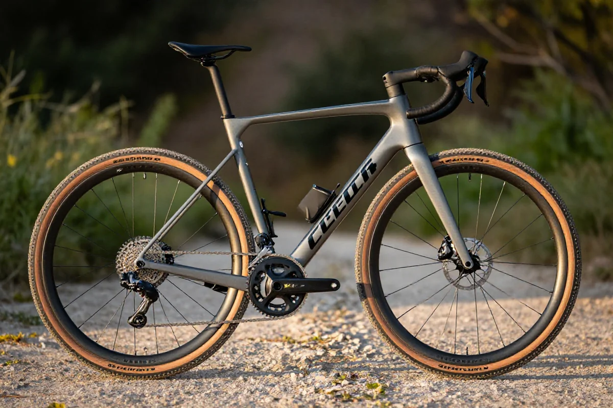 Wysokiej wydajności rower gravelowy z lekką ramą w naturalnym otoczeniu.