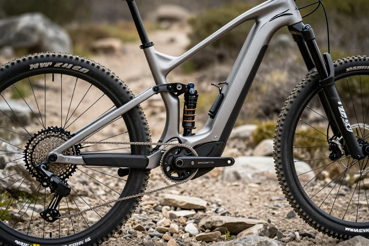 Elektryczny rower górski e-MTB na szlaku, z widocznymi detalami konstrukcji.