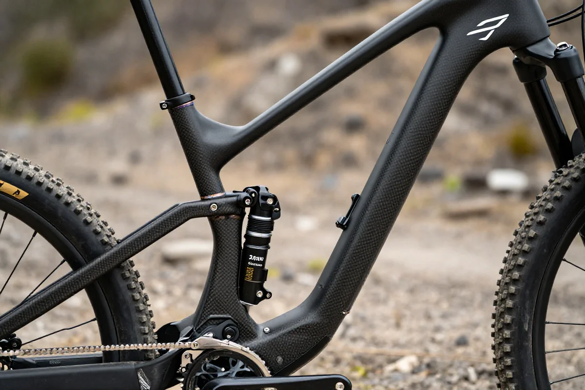 Rama roweru górskiego z włókna węglowego, ukazująca kompromis wagi i wytrzymałości.