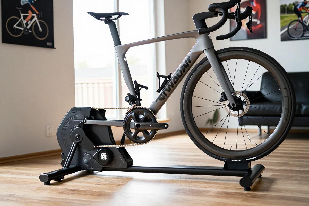 Zaawansowany trenażer kolarski w domowej siłowni do treningu kolarskiego.