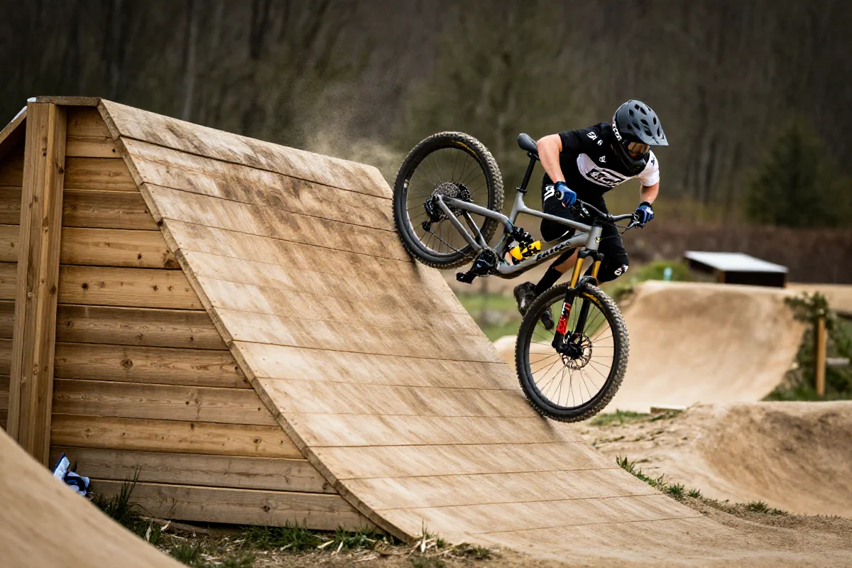 Wall ride w bikeparku, techniki jazdy na rowerze górskim.