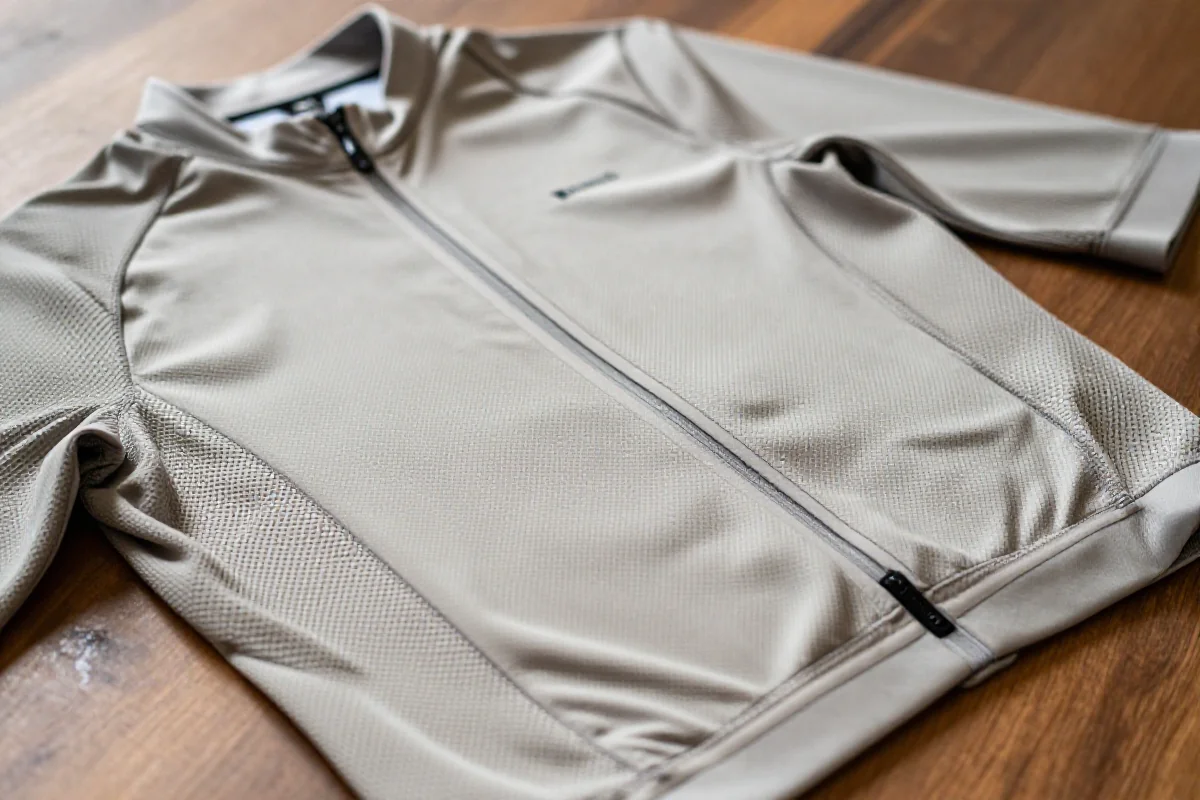 Termoaktywna bielizna rowerowa na drewnianej powierzchni, ukazująca właściwości materiału.