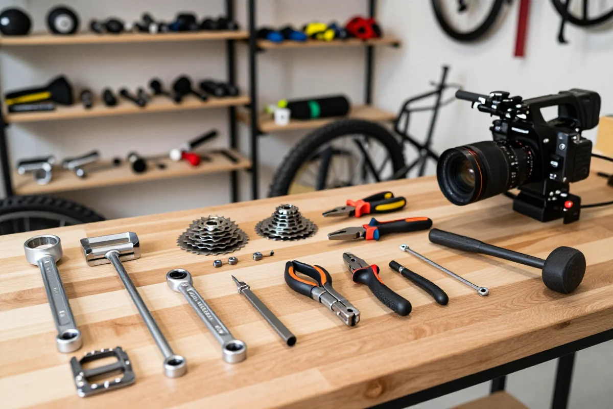 Warsztacik rowerowy z narzędziami do serwisowania rowerów górskich.