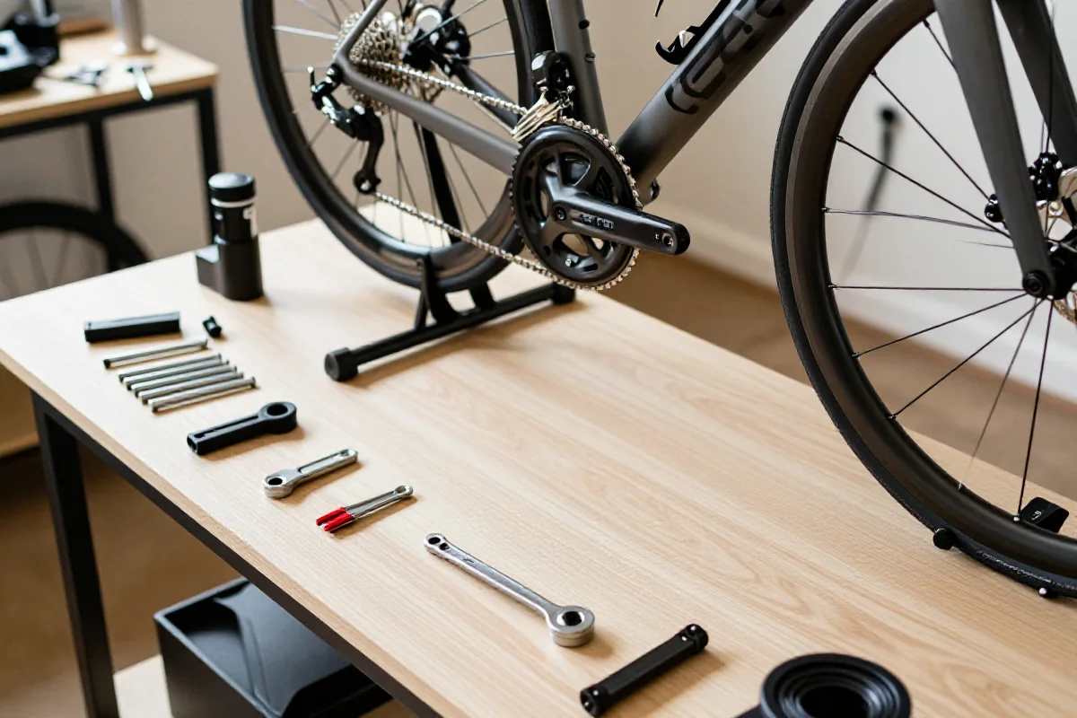 Domowy warsztat rowerowy z narzędziami do serwisu rowerów szosowych