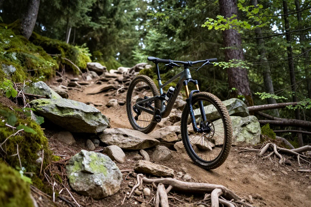 Rower górski na szlaku singletrack w Sudetach, trudne warunki terenowe.