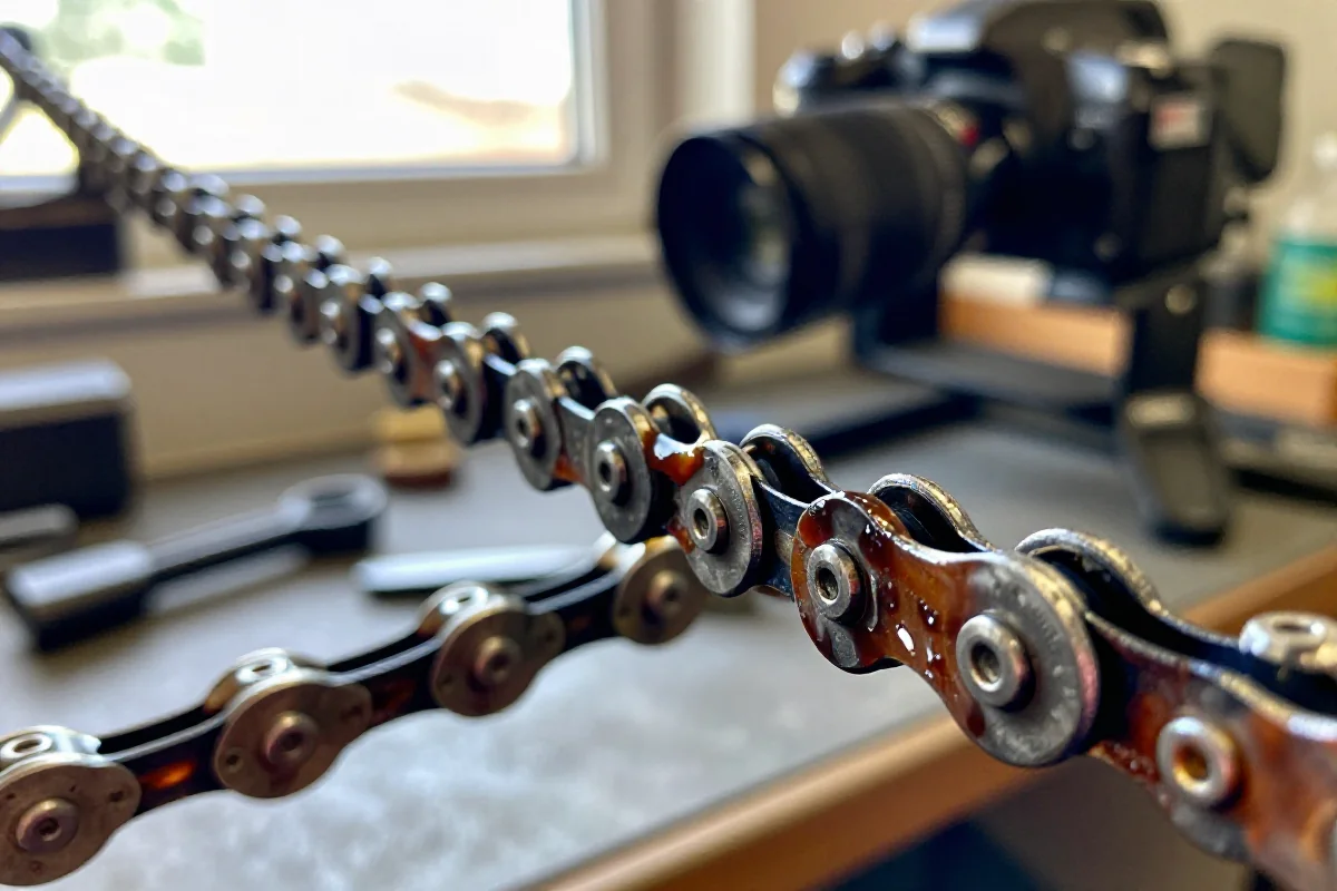Smar do łańcucha rowerowego w warsztacie, zbliżenie na mokry lubrykant.