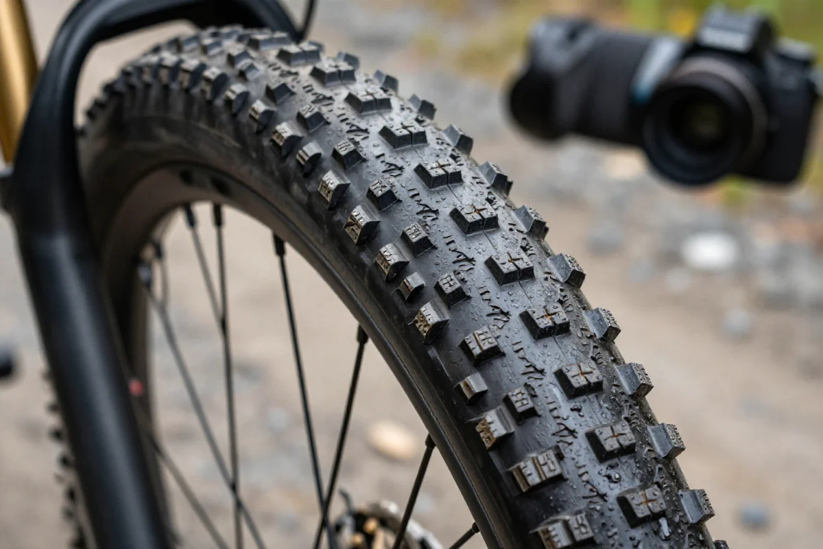 Szczegółowy widok bieżnika opony MTB z optymalizacjami na mokro i sucho.
