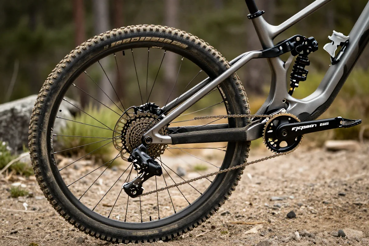 Nowoczesny rower górski wykonujący wheelie na trudnym szlaku